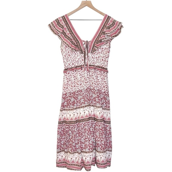 Sea New York Ivette Flutter Sleeve Smocked Midi Dress in Red - Picture 4 of 7